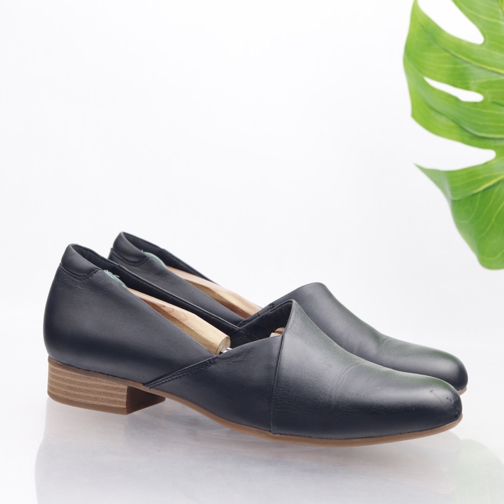 Clarks Womens Juliet Palm Loafers Shoe Size 9 Black Leather Slip On Comfort Flat
